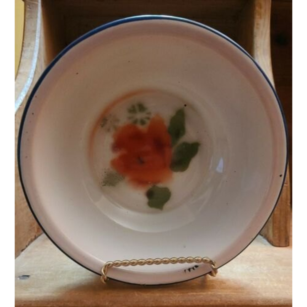 Jinma Enamel Bowl White Blue Rimmed W/Rose